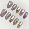 image:imageBABALAL Press On Nails Short Almond Fake Nails Purple Lavender Cat Eye With Gold Foil Floral Design Glossy Full Cover Glue On Nails For Women And Girls 24PcsCNF002