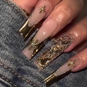 image:imageBABALAL Press On Nails Extra Long Square Fake Nails White Chrome French Tip amp 3D Gold Chain 3D Design Glossy Full Cover Glue On Nails For Women And Girls 24PcsFNP0305