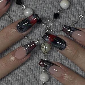 image:imageBABALAL Press On Nails Extra Long Square Fake Nails White Chrome French Tip amp 3D Gold Chain 3D Design Glossy Full Cover Glue On Nails For Women And Girls 24PcsFNP03black