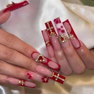 image:imageBABALAL Press On Nails Extra Long Square Fake Nails White Chrome French Tip amp 3D Gold Chain 3D Design Glossy Full Cover Glue On Nails For Women And Girls 24PcsFNP01red