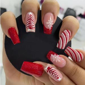 image:imageBABALAL Press On Nails Extra Long Square Fake Nails White Chrome French Tip amp 3D Gold Chain 3D Design Glossy Full Cover Glue On Nails For Women And Girls 24PcsFNP08redxmas