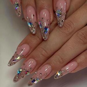 image:imageBABALAL Press On Nails Long Almond Fake Nails Green Cat Eye Design with 3D Floral Summer Spring Art Glossy Full Cover Glue On Nails For Women And Girls 24PcsANS20901