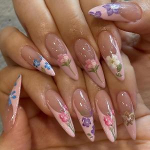 image:imageBABALAL Press On Nails Long Almond Fake Nails Green Cat Eye Design with 3D Floral Summer Spring Art Glossy Full Cover Glue On Nails For Women And Girls 24PcsANS20703