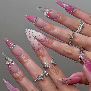 image:imageBABALAL Press On Nails Long Almond Fake Nails Green Cat Eye Design with 3D Floral Summer Spring Art Glossy Full Cover Glue On Nails For Women And Girls 24PcsANS20903