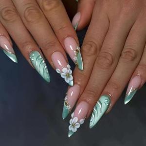 image:imageBABALAL Press On Nails Long Almond Fake Nails Green Cat Eye Design with 3D Floral Summer Spring Art Glossy Full Cover Glue On Nails For Women And Girls 24PcsANS20902