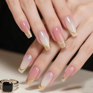 image:imageBABALAL Press On Nails Long Coffin Fake Nails Nude With Gold Glitter amp Marble Design Glossy Full Cover Glue On Nails For Women And Girls 24PcsCNC102