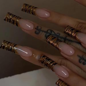 image:imageBABALAL Press On Nails Long Coffin Fake Nails Nude With Gold Glitter amp Marble Design Glossy Full Cover Glue On Nails For Women And Girls 24PcsCNC108