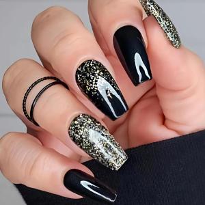 image:imageBABALAL Press On Nails Long Coffin Fake Nails Nude With Gold Glitter amp Marble Design Glossy Full Cover Glue On Nails For Women And Girls 24PcsCNC116