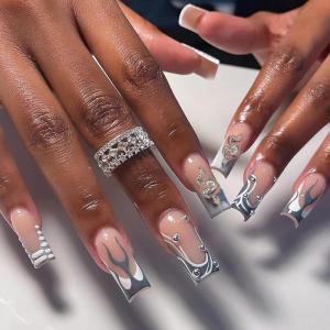image:imageBABALAL Press On Nails Long Square Fake Nails Nude Mixed Colorful Floral Print Glossy Glue On Nails For Women And Girls 24Pcs ReusableFnm01sliver