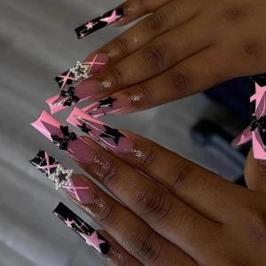 image:imageBABALAL Press On Nails Long Square Fake Nails Nude Mixed Colorful Floral Print Glossy Glue On Nails For Women And Girls 24Pcs ReusableFnm0301