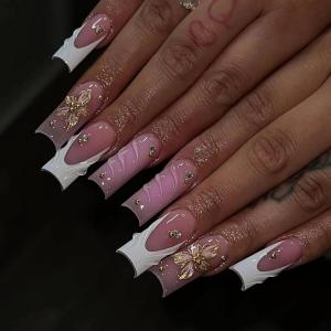 image:imageBABALAL Press On Nails Long Square Fake Nails Nude Mixed Colorful Floral Print Glossy Glue On Nails For Women And Girls 24Pcs ReusableFnm0304