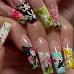 image:imageBABALAL Press On Nails Long Square Fake Nails Nude Mixed Colorful Floral Print Glossy Glue On Nails For Women And Girls 24Pcs ReusableFnm0305