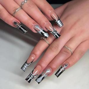 image:imageBABALAL Press On Nails Long Square Fake Nails Nude Mixed Colorful Floral Print Glossy Glue On Nails For Women And Girls 24Pcs ReusableFnm09black