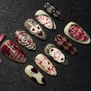 image:imageBABALAL Press On Nails Medium Almond Fake Nails Blue Swirl with Checkerboard amp Heart Glossy Y2K Retro Glue On Nails for Women and Girls 24PcsANU0001