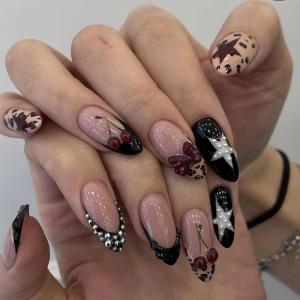image:imageBABALAL Press On Nails Medium Almond Fake Nails Blue Swirl with Checkerboard amp Heart Glossy Y2K Retro Glue On Nails for Women and Girls 24PcsANU0002