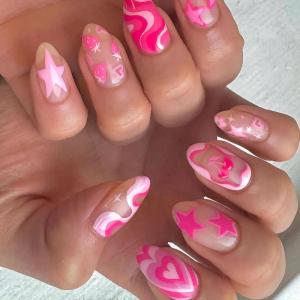 image:imageBABALAL Press On Nails Medium Almond Fake Nails Blue Swirl with Checkerboard amp Heart Glossy Y2K Retro Glue On Nails for Women and Girls 24PcsANU0005
