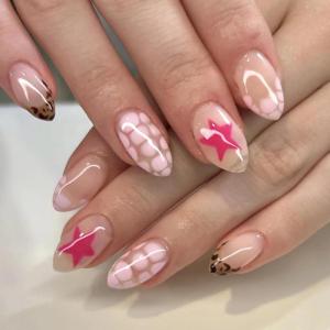image:imageBABALAL Press On Nails Medium Almond Fake Nails Blue Swirl with Checkerboard amp Heart Glossy Y2K Retro Glue On Nails for Women and Girls 24PcsANU01pink