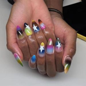 image:imageBABALAL Press On Nails Medium Almond Fake Nails Blue Swirl with Checkerboard amp Heart Glossy Y2K Retro Glue On Nails for Women and Girls 24PcsANU02colorful