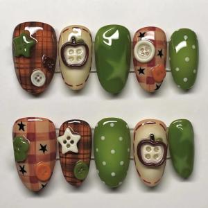 image:imageBABALAL Press On Nails Medium Almond Fake Nails Brown Green Plaid amp Apple Y2k Anime Glossy Full Cover Glue On Nails For Women And Girls 24Pcs01A00302