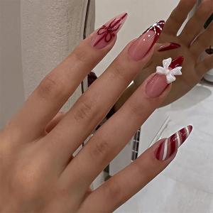 image:imageBABALAL Press On Nails Medium Almond Fake Nails Brown Green Plaid amp Apple Y2k Anime Glossy Full Cover Glue On Nails For Women And Girls 24Pcs01A004bow