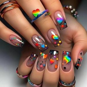 image:imageBABALAL Press On Nails Medium Almond Fake Nails Brown Green Plaid amp Apple Y2k Anime Glossy Full Cover Glue On Nails For Women And Girls 24Pcs01A005rainbow