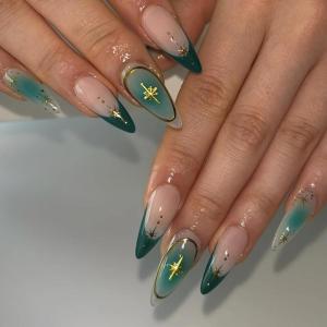 image:imageBABALAL Press On Nails Medium Almond Fake Nails Brown Green Plaid amp Apple Y2k Anime Glossy Full Cover Glue On Nails For Women And Girls 24Pcs01A012