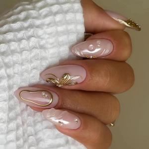 image:imageBABALAL Press On Nails Short Almond Fake Nails Purple Lavender Cat Eye With Gold Foil Floral Design Glossy Full Cover Glue On Nails For Women And Girls 24PcsCNF00201