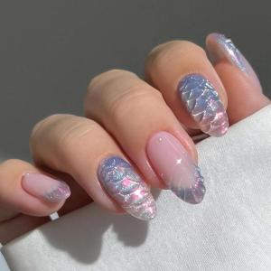 image:imageBABALAL Press On Nails Short Almond Fake Nails Purple Lavender Cat Eye With Gold Foil Floral Design Glossy Full Cover Glue On Nails For Women And Girls 24PcsCNF005