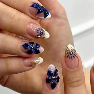 image:imageBABALAL Press On Nails Short Almond Fake Nails Purple Lavender Cat Eye With Gold Foil Floral Design Glossy Full Cover Glue On Nails For Women And Girls 24PcsCNF003