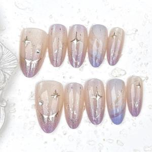 image:imageBABALAL Press On Nails Short Almond Fake Nails Purple Lavender Cat Eye With Gold Foil Floral Design Glossy Full Cover Glue On Nails For Women And Girls 24PcsCNF007