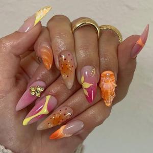 image:imageBABALAL Press On Nails Short Almond Fake Nails Purple Lavender Cat Eye With Gold Foil Floral Design Glossy Full Cover Glue On Nails For Women And Girls 24PcsCNF00301