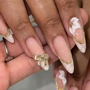 image:imageBABALAL Press On Nails Short Almond Fake Nails Purple Lavender Cat Eye With Gold Foil Floral Design Glossy Full Cover Glue On Nails For Women And Girls 24PcsCNF010