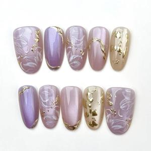image:imageBABALAL Press On Nails Short Almond Fake Nails Purple Lavender Cat Eye With Gold Foil Floral Design Glossy Full Cover Glue On Nails For Women And Girls 24PcsCNF002