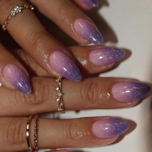 image:imageBABALAL Press On Nails Short Almond Fake Nails Purple Lavender Cat Eye With Gold Foil Floral Design Glossy Full Cover Glue On Nails For Women And Girls 24PcsCNF014