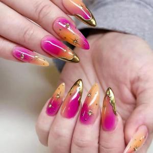 image:imageBABALAL Press On Nails Short Almond Fake Nails Purple Lavender Cat Eye With Gold Foil Floral Design Glossy Full Cover Glue On Nails For Women And Girls 24PcsCNF00202