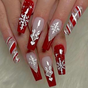 image:imageBABALAL Press On NailsLong Square Fake Nails Black Plaid with Star amp Sliver Ball Charm Glossy Gothic Grunge Glue On Nails for Women and Girls 24PcsLCRJL10xmas