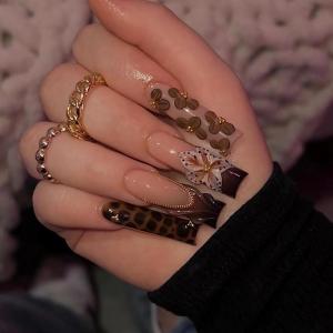 image:imageBABALAL Press On NailsLong Square Fake Nails Black Plaid with Star amp Sliver Ball Charm Glossy Gothic Grunge Glue On Nails for Women and Girls 24PcsLCRJL04flower