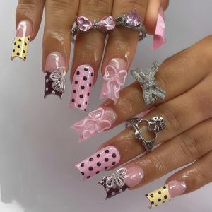 image:imageBABALAL Press On NailsLong Square Fake Nails Black Plaid with Star amp Sliver Ball Charm Glossy Gothic Grunge Glue On Nails for Women and Girls 24PcsLCRJL0701