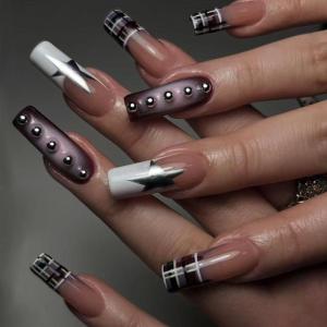 image:imageBABALAL Press On NailsLong Square Fake Nails Black Plaid with Star amp Sliver Ball Charm Glossy Gothic Grunge Glue On Nails for Women and Girls 24PcsLCRJL0705