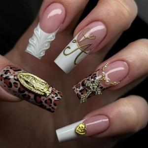 image:imageBABALAL Press On NailsLong Square Fake Nails Black Plaid with Star amp Sliver Ball Charm Glossy Gothic Grunge Glue On Nails for Women and Girls 24PcsLCRJL0302