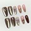 image:imageBABALAL Press On Nails Medium Almond Fake Nails Pink Rose Floral with Cat Eye Bow Accents Glossy Romantic Glue On Nails for Women and Girls 24Pcs ReusableBNKA0701