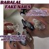 image:imageBABALAL Press On Nails Medium Almond Fake Nails Yellow Blue Snake Print with Ombre Design Y2k Glossy Glue On Nails for Women and Girls 24PcsANE05black