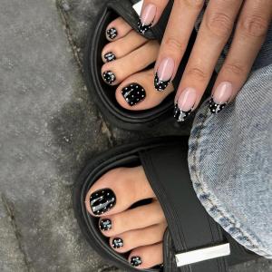 image:imageBABALAL 48Pcs Hand amp Toe Press On Nails Set Medium Almond Black French Tip Polka Dot Design Fake Nails Short Square False Toenails Reusable Glossy Kit for Women and GirlsANht10201