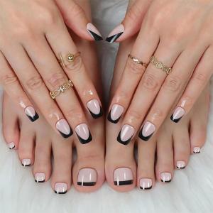 image:imageBABALAL 48Pcs Hand amp Toe Press On Nails Set Medium Almond Black French Tip Polka Dot Design Fake Nails Short Square False Toenails Reusable Glossy Kit for Women and GirlsANht107