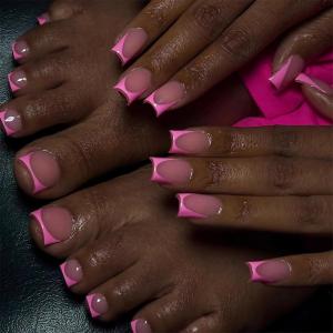 image:imageBABALAL 48Pcs Hand amp Toe Press On Nails Set Medium Almond Black French Tip Polka Dot Design Fake Nails Short Square False Toenails Reusable Glossy Kit for Women and GirlsANht101pink