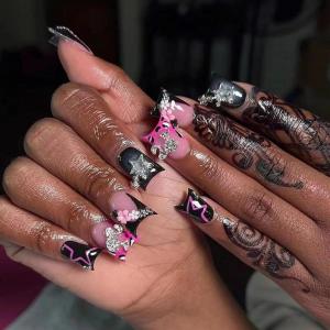 image:imageBABALAL Duck Press On Nails Pink Tortoise Fake Nails With 3D Rose Heart amp Rhinestone Charm Luxury Y2k Glossy Full Cover Glue On Duckbill Nails For Women And Girls 24PcsDU007