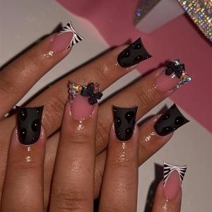 image:imageBABALAL Duck Press On Nails Pink Tortoise Fake Nails With 3D Rose Heart amp Rhinestone Charm Luxury Y2k Glossy Full Cover Glue On Duckbill Nails For Women And Girls 24PcsDU003