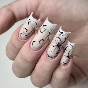 image:imageBABALAL Press On Nails Extra Long Square Fake Nails White French Tip with Black Swirl Floral Print Matte Minimalist Glue On Nails for Women and Girls 24PcsFna10402