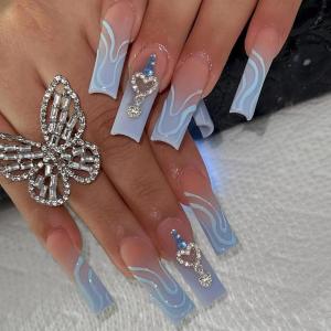 image:imageBABALAL Press On Nails Extra Long Square Fake Nails White French Tip with Black Swirl Floral Print Matte Minimalist Glue On Nails for Women and Girls 24PcsFna104blue