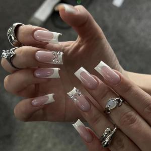 image:imageBABALAL Press On Nails Extra Long Square Fake Nails White French Tip with Black Swirl Floral Print Matte Minimalist Glue On Nails for Women and Girls 24PcsFna10403